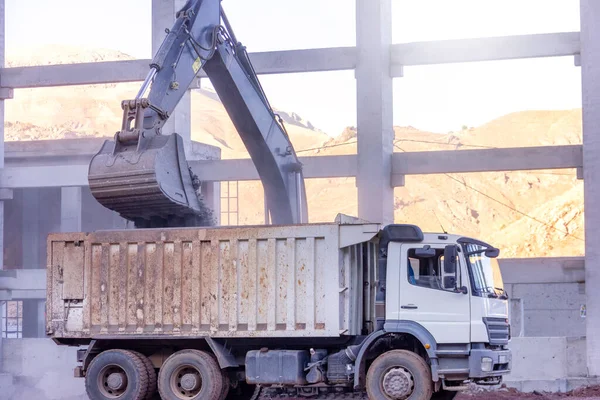 Excavators Digging Loading Truck Construction Site — Stock Photo, Image