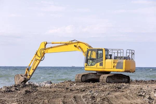 Escavadora Está Trabalhando Para Construir Cais Porto Canteiro Obras Escavadeiras — Fotografia de Stock