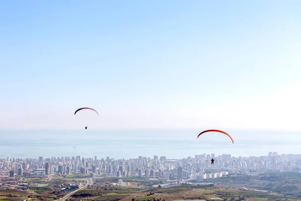Landscape City Mediterranean Sea Paragliding City Three Paragliders Flying Together — Stock Photo, Image