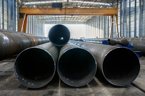 Wide Angle View Spiral Welded Steel Pipes Factory Welding Spirally — Stock Photo, Image