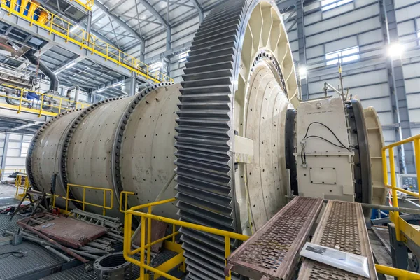 Large ball and sag mill in the mine plant. A typical type of fine grinder is the ball mill. A slightly inclined or horizontal rotating cylinder is partially filled with balls.