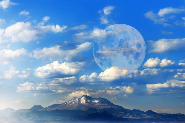 Earth, moon, mountain, clouds and ecological environment. Moon and mountain view