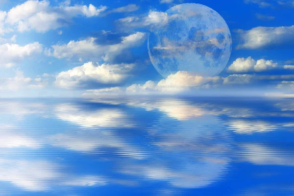 Earth, moon, water, clouds and ecological environment. The sea waves in the blue sky