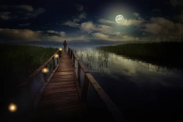 Earth, moon, water, clouds, wooden pier, man and ecological environment