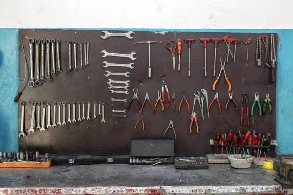 View of hand tool kit objects for automobile repair in auto service. Tools for the workshop