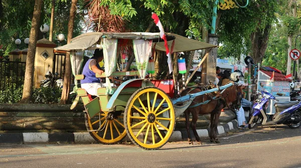 サラティガ 2022年9月18日 デルマンの運転手が街の道路脇の乗客を待っている インドネシアでは デルマンは馬の力を利用した伝統的な二輪輸送車両です — ストック写真