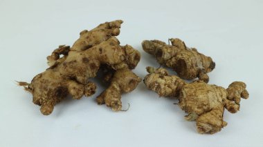 Beyaz arkaplanda taze zencefil rhizomu izole edildi.