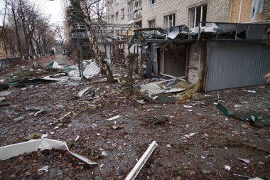 Bakhmut, UKRAINE JAN 19 2023 Damaged and destroyed by russian shelling and rocket attacks buildings on Bakhmut streets during russian invasion to Ukraine