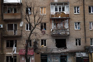 Bakhmut, UKRAINE JAN 19 2023 Damaged and destroyed by russian shelling and rocket attacks buildings on Bakhmut streets during russian invasion to Ukraine