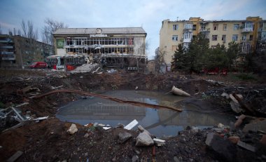 Bakhmut, UKRAINE JAN 19 2023 Damaged and destroyed by russian shelling and rocket attacks buildings on Bakhmut streets during russian invasion to Ukraine