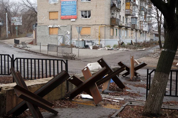 stock image Bakhmut, UKRAINE JAN 19 2023 Damaged and destroyed by russian shelling and rocket attacks buildings on Bakhmut streets during russian invasion to Ukraine