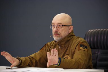 Kyiv, UKRAINE FEB 05 2023 Press conference of Oleksii Reznikov the Minister of Defence of Ukraine