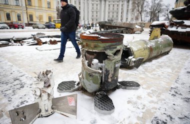 KYIV, UKRAINE FEB 05 2023 The remains of Russian missiles at Saint Michael's Square (Mykhailivska ploshcha) during Russian Ukrainian war