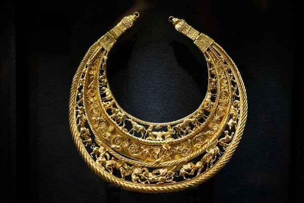 KYIV, UKRAINE - NOVEMBER 28 2023 Golden Scythian Pectoral from Tovsta Mohyla at the Treasury of the National Museum of History during the presentation of the 'Scythian Gold' collection returned to Ukraine