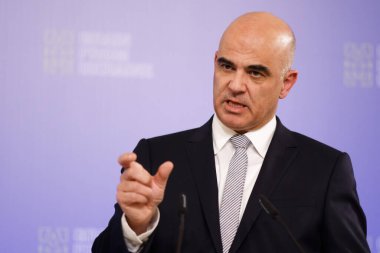 KYIV, UKRAINE - 25 Kasım 2023 İsviçre Konfederasyonu Başkanı Alain Berset zirvenin sonuçları hakkında düzenlediği basın toplantısında 'Ukrayna' dan Tahıl '