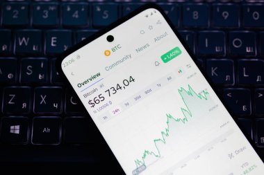 Kherson Reg, Ukrayna 27 Eylül 2024 'te Bitcoin BTC' nin USDT 'ye (ABD dolarına sabitlenmiş kripto para kaynağı) olan fiyatının grafiklerin arka planında arttığını gösteriyor 