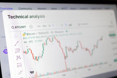 Kherson Reg, Ukrayna 27 Eylül 2024 'te Bitcoin BTC' nin USDT 'ye (ABD dolarına sabitlenmiş kripto para kaynağı) olan fiyatının grafiklerin arka planında arttığını gösteriyor 