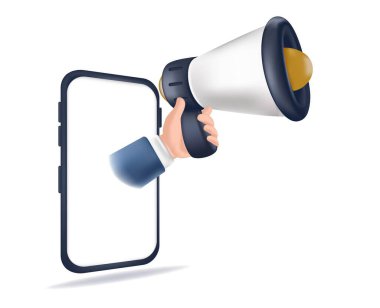 3d illustration businessman hand holding a megaphone appearing from smartphone isolated on a white background
