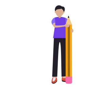 vector cartoon illustration of a man holding a large pencil. flat design a man holding a large pencil