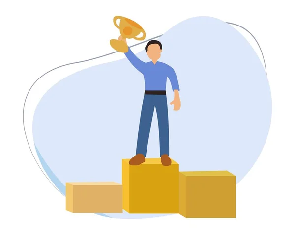 flat design illustration of young man standing on podium holding trophy isolated on white background. young man standing on the podium holding a trophy
