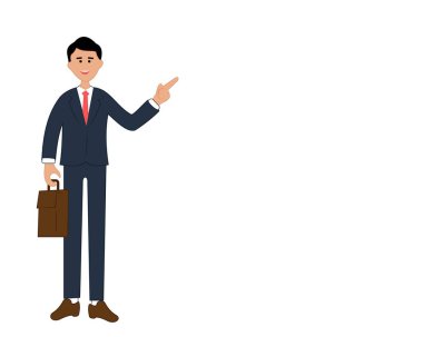 illustration of smiling man showing hand in direction. close up portrait of cartoon businessman. illustration of businessman giving instructions. businessman doing presentation