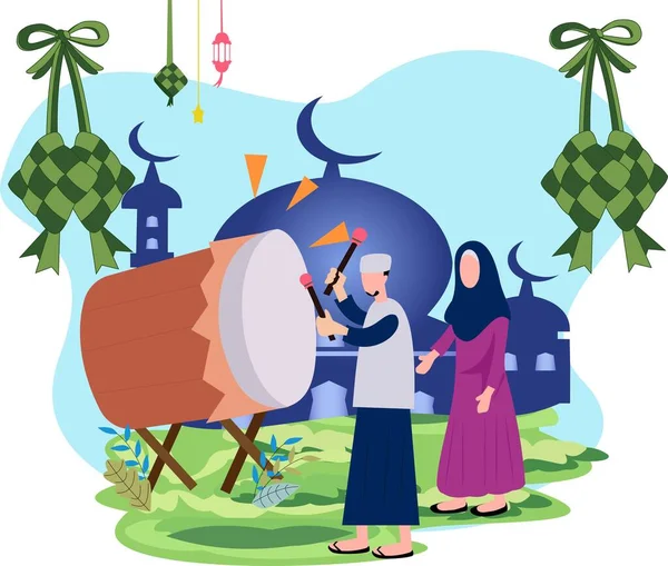 Menschen Begrüßen Eid Fitr Mit Einem Beduk Ketupat Und Einer — Stockvektor
