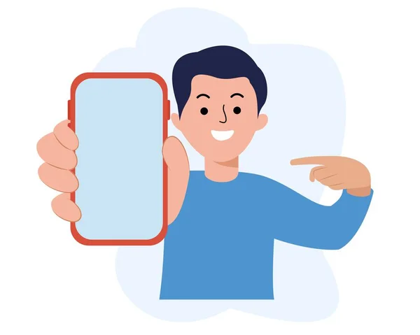 Muž Ukazující Šablonu Smartphonu Muž Drží Smartphone Prázdná Šablona Smartphonu — Stockový vektor