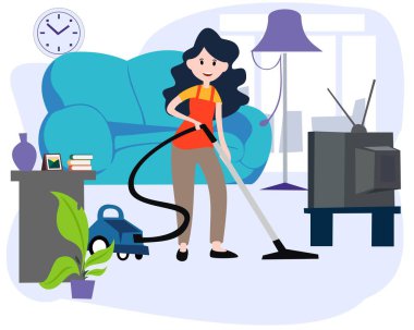 Annem evi elektrikli süpürgeyle temizliyor. Annem evde çalışıyor.