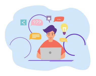 Genç adam internette dizüstü bilgisayar kullanıyor. Serbest Çalışan Konsepti