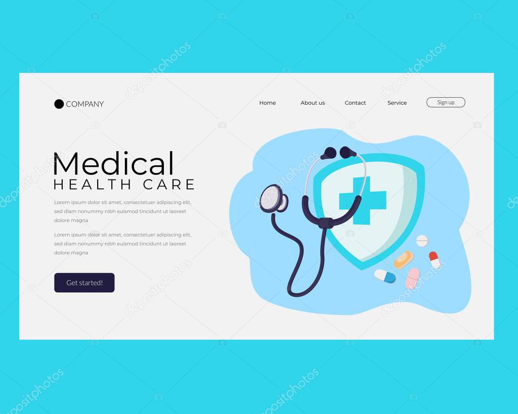 Medical landing page template. landing page with image of stethoscope and health care logo