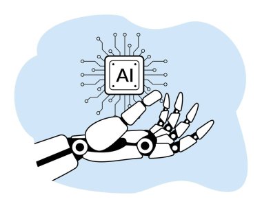 Robot el, yapay zeka çipini tutuyor. robot el makinesi öğrenme ai