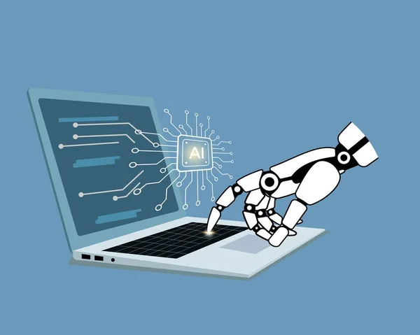 Dizüstü bilgisayar kullanan robot el, büyük veri ağına dokunan robot el, bilim ve yapay zeka teknolojisi, gelecekteki yenilikler