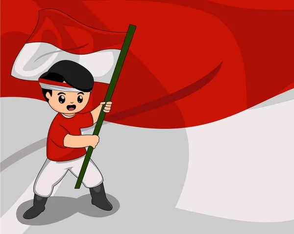 Ημέρα Ανεξαρτησίας Της Ινδονησίας Ήρωας Παιδί Κυματίζει Ινδονησιακή Σημαία — Διανυσματικό Αρχείο