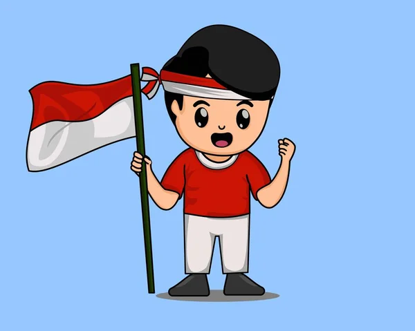 Χαριτωμένο Αγόρι Κρατώντας Ινδονησιακή Σημαία Εικονογράφηση Φορέα Κινουμένων Σχεδίων — Διανυσματικό Αρχείο