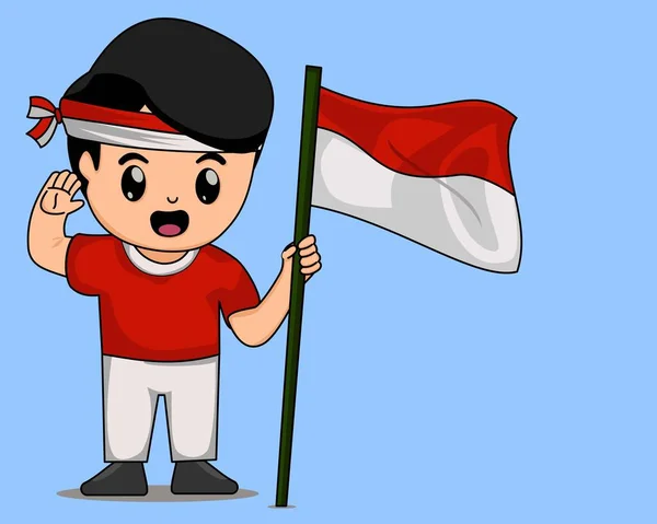 Χαριτωμένο Αγόρι Κρατώντας Ινδονησιακή Σημαία Εικονογράφηση Φορέα Κινουμένων Σχεδίων — Διανυσματικό Αρχείο