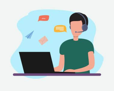 Kostüm servisi, asistan servisi, danışman ve yardımcı danışmanlık hizmetleri. Sosyal medya. Çevrimiçi danışman. Adamın biri kulaklıkla bilgisayar iletişimi kuruyor.