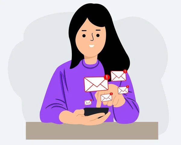 E-posta kutusunu kontrol eden kadın, internet güvenliği, spam, virüs ve hasarlı verilere karşı uyarı bildirimleri sunuyor. Uyarı tedbirleri çöp ve çöp postalarından korunmayı sağlar