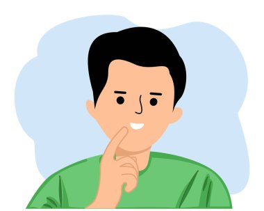 Düşünceli genç adamın portresi. Parmağını dudaklarından tutup yukarı bakıyor.