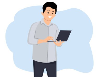 özgüven erkek girişimci rapor beyaz arka planda dururken dizüstü bilgisayar üzerinden analiz