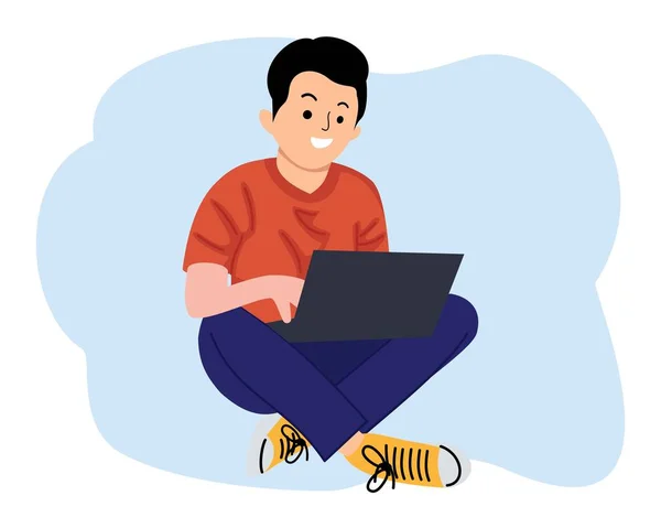笑顔で陽気な若い男が床に座っているノートパソコンを使ってカジュアルな服を着て ベクターグラフィックス
