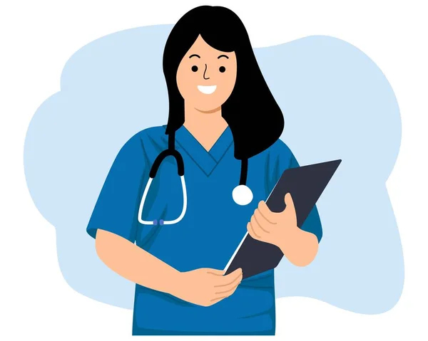 若い女性看護師の笑顔のヘルスケアワーカーは クリップボードを保持するステスコープで青い制服を着ています ロイヤリティフリーのストックイラスト