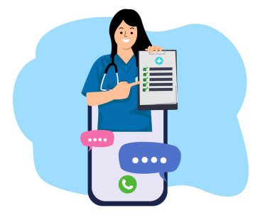 Kadın doktorla akıllı telefon çevrimiçi danışma videosundan çıkıyor. Sağlık sigortasını ara.