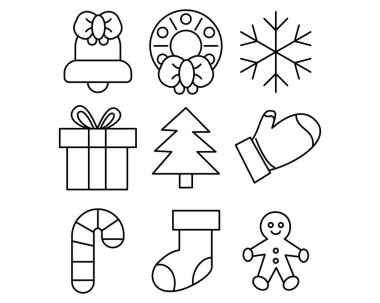 Noel Simgesi Seti veya Noel süslemeleri simge vektörünü satır biçiminde süsler