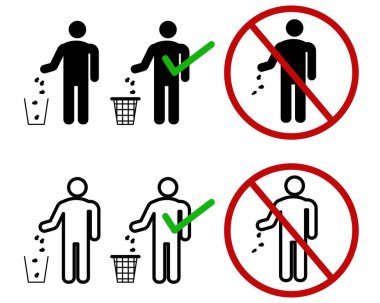 Çöp kutusuna veya ana hatlı çöp simgelerine düzgün bir şekilde çöp atılacak illüstrasyon