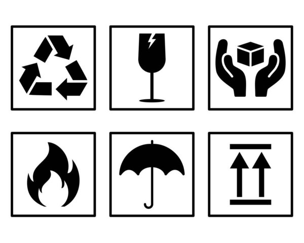 Common and warning symbol set in black and white flat style