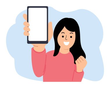 Boş ekranlı akıllı telefonu tutan kadın heyecanlı.