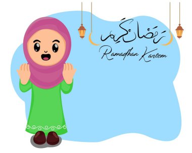 Ramazan Kareem 'in arka planında şirin Müslüman kız karikatür çizimi