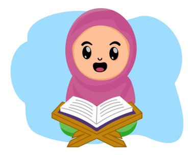 Ay içinde Kuran okuyan tatlı Müslüman kız ramazan orucu tutuyor.