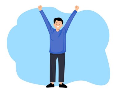 Mutlu genç adam heyecanla kollarını kaldırıyor.