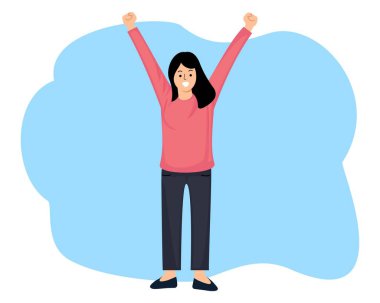 Mutlu genç bir kadın heyecanlı kollarını kaldırır.